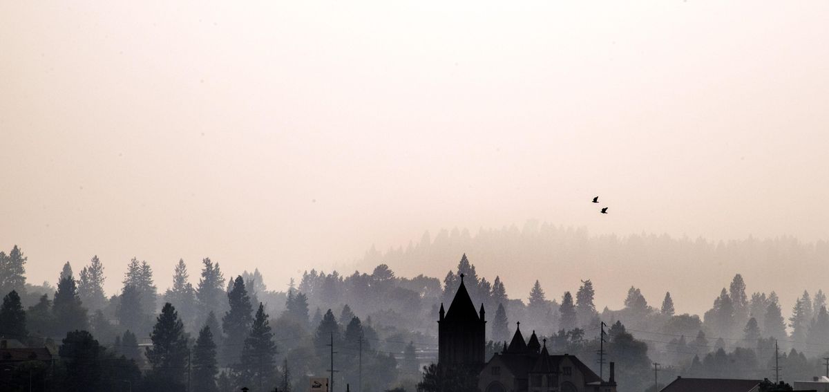 Heavy smoke blankets downtown Spokane looking to the west, Sept. 4, 2017, in Spokane Wash. (Dan Pelle / The Spokesman-Review)