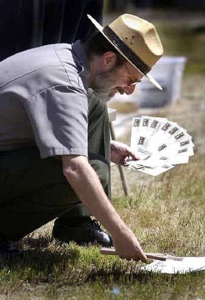 
Marc Blackburn, an interpretive specialist, lets his freshly canceled stamps that he purchased dry in the sun. 
 (Colin Mulvany photos/ / The Spokesman-Review)