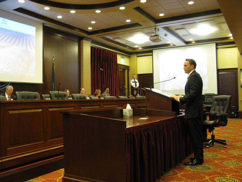 Helo Hancock of the Coeur d'Alene Tribe addresses the House State Affairs Committee on Wednesday morning (Betsy Russell)