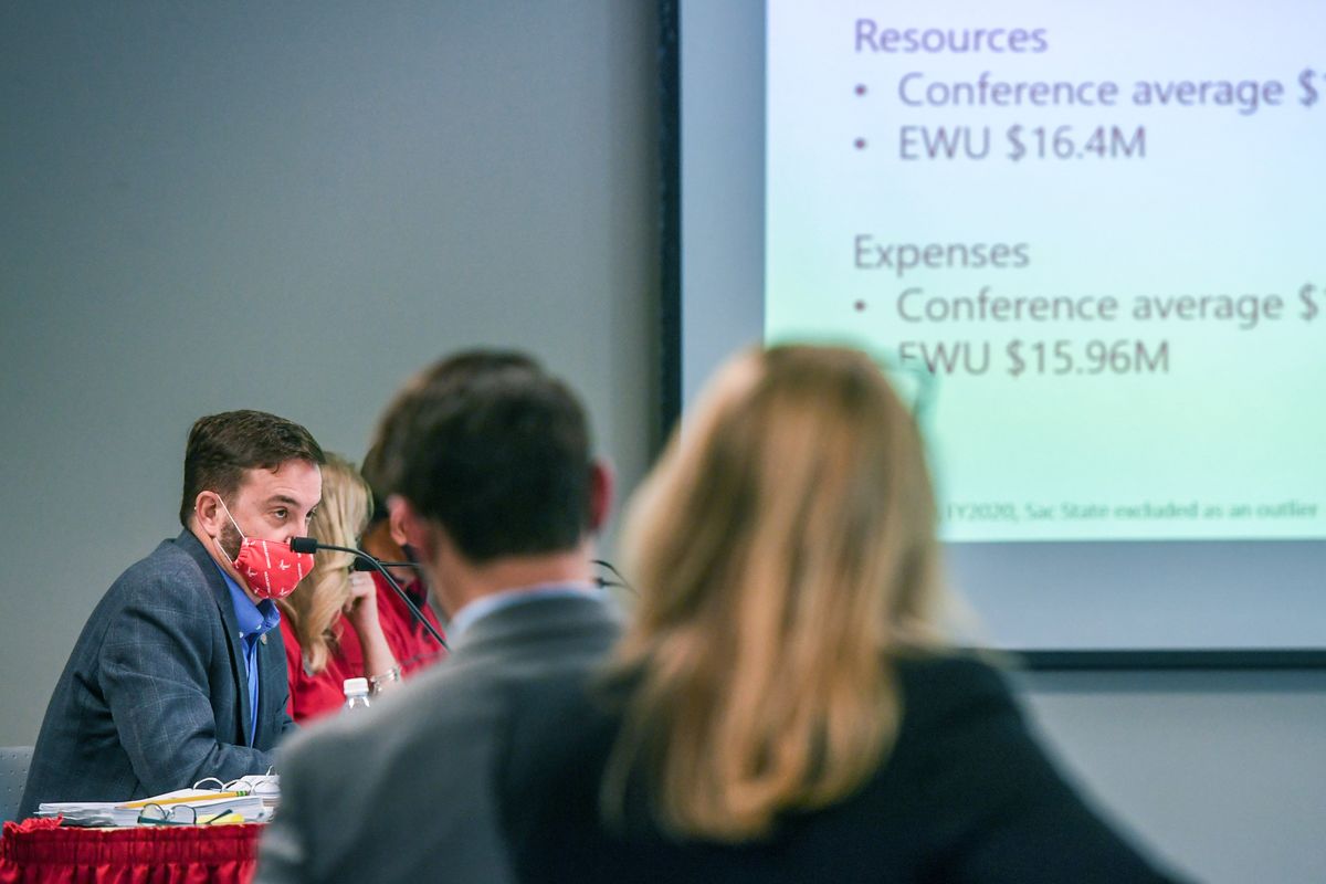 The Eastern Washington University Board of Trustees hear from Interim President David May, left, about the administration’s plan for the athletics department and an athletics budget update on Thursday in Cheney.  (DAN PELLE/THE SPOKESMAN-REVIEW)