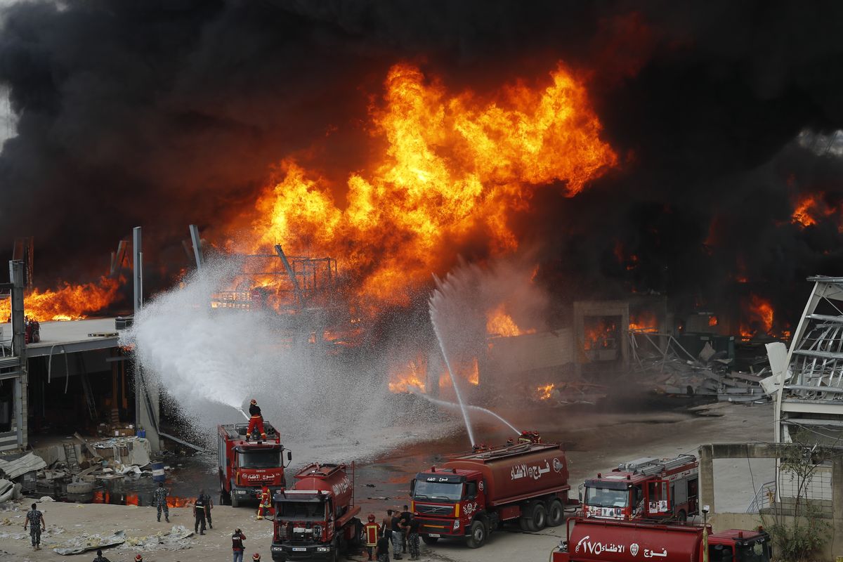 A huge fire broke out Thursday at the Port of Beirut, triggering panic among residents traumatized by last month’s massive explosion that killed hundreds.  (Hussein Malla)