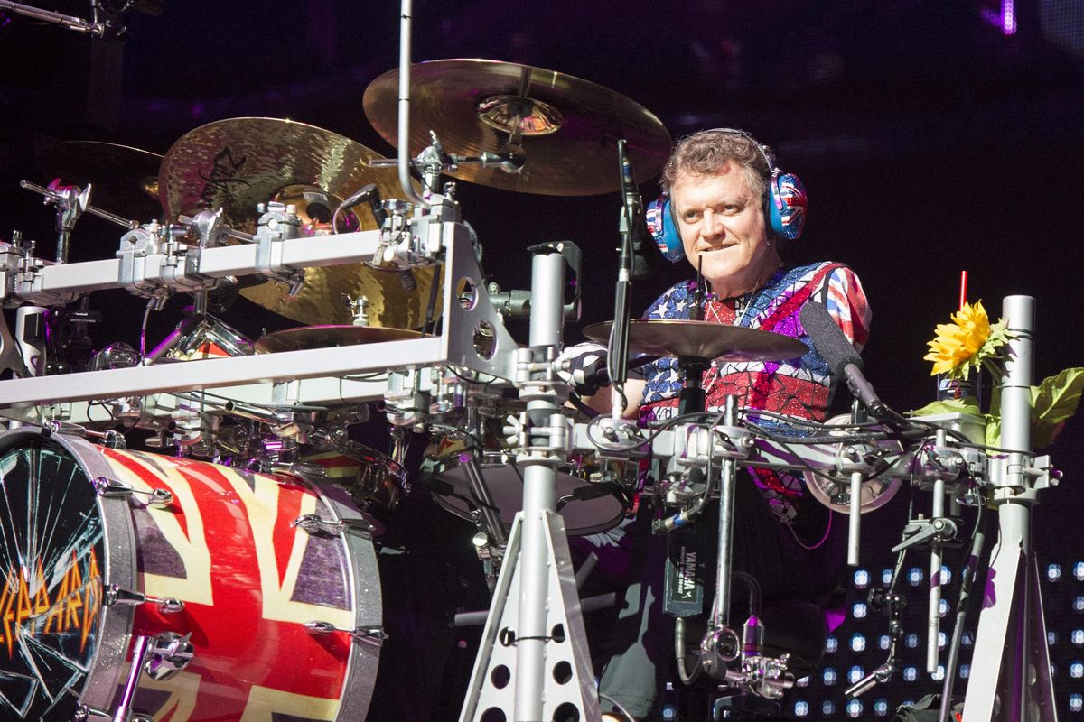 Drummer Rick Allen performs with the heavy metal band Def Leppard during a concert, Wednesday, June 7, 2017, in the Spokane Arena. (Colin Mulvany / The Spokesman-Review)
