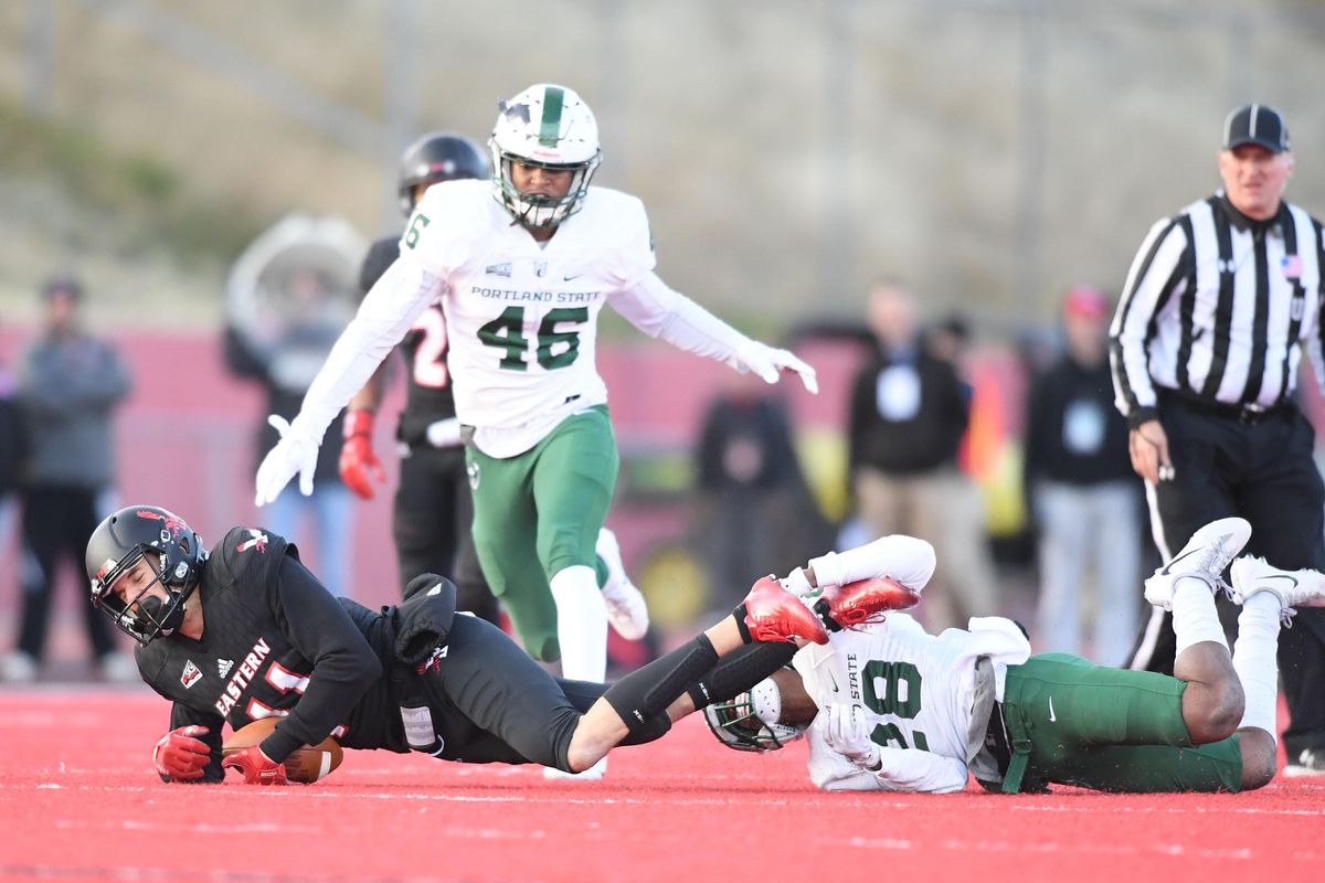Eastern Washington Eagles wide receiver Terence Grady (11) is brought down by Portland State during the first half a college football game on Saturday, November 18, 2017, at Roos Field in Cheney, Wash. (Tyler Tjomsland / The Spokesman-Review)