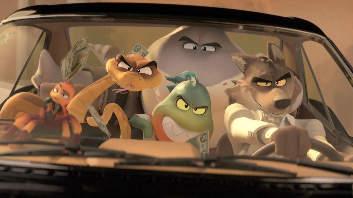 Tarantula (voice of Awkwafina), Snake (Marc Maron), Shark (Craig Robinson), Piranha (Anthony Ramos) and Wolf (Sam Rockwell) in “The Bad Guys.”  (DreamWorks Animation LLC)