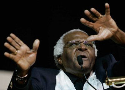 
Archbishop Desmond Tutu speaks at  PeaceJam on Sunday. 
 (Associated Press / The Spokesman-Review)