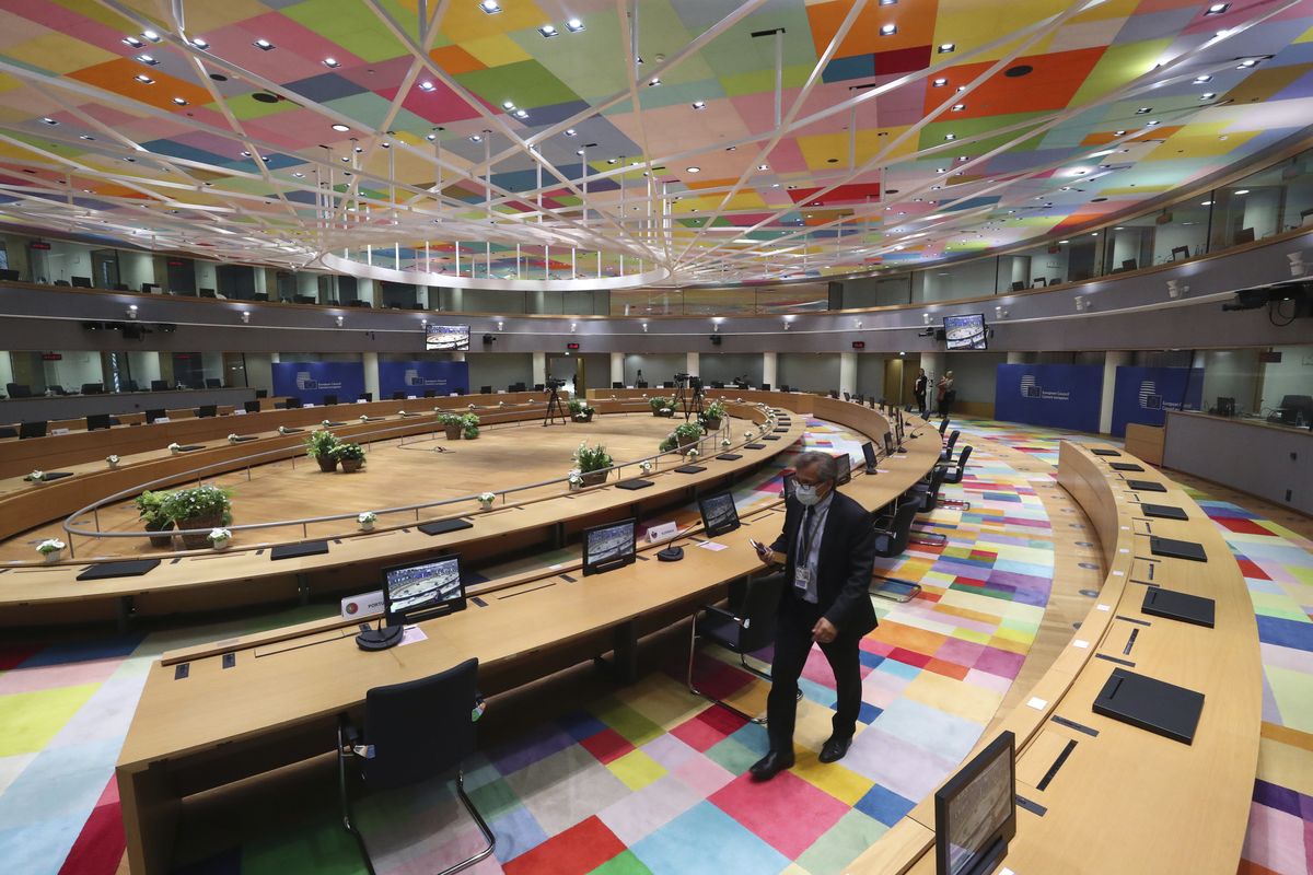 A meeting room especially adapted to adhere to physical distance guidelines for EU leaders for an upcoming EU summit at the European Council building in Brussels, Thursday, July 16, 2020. On Friday, July 17, 2020, leaders from the 27 European Union nations will meet face-to-face to try to carve up a potential package of 1.85 trillion euros among themselves. Due to coronavirus concerns, Friday