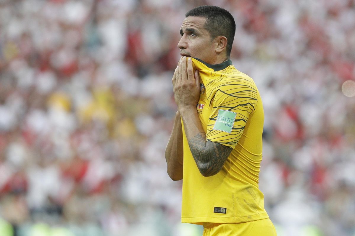 Australia’s Tim Cahill react in dejection at the end of the Group C match between Australia and Peru, at the 2018 soccer World Cup in the Fisht Stadium in Sochi, Russia, Tuesday, June 26, 2018. (Gregorio Borgia / Associated Press)