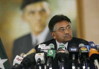 
Pakistani President Gen. Pervez Musharraf addresses the international media in Islamabad on Sunday. Associated Press
 (Associated Press / The Spokesman-Review)