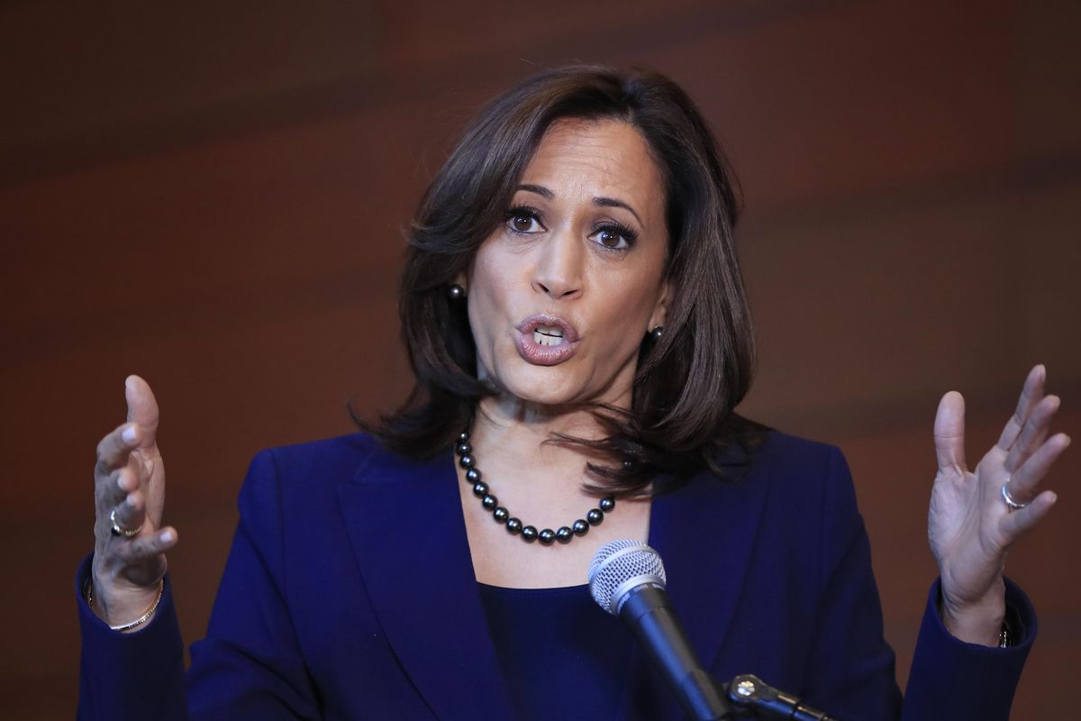 In this Monday, Jan. 21, 2019,  photo, Sen. Kamala Harris, D-Calif., speaks to members of the media at her alma mater, Howard University, in Washington, following her announcement earlier in the morning that she will run for president. (Manuel Balce Ceneta / Associated Press)