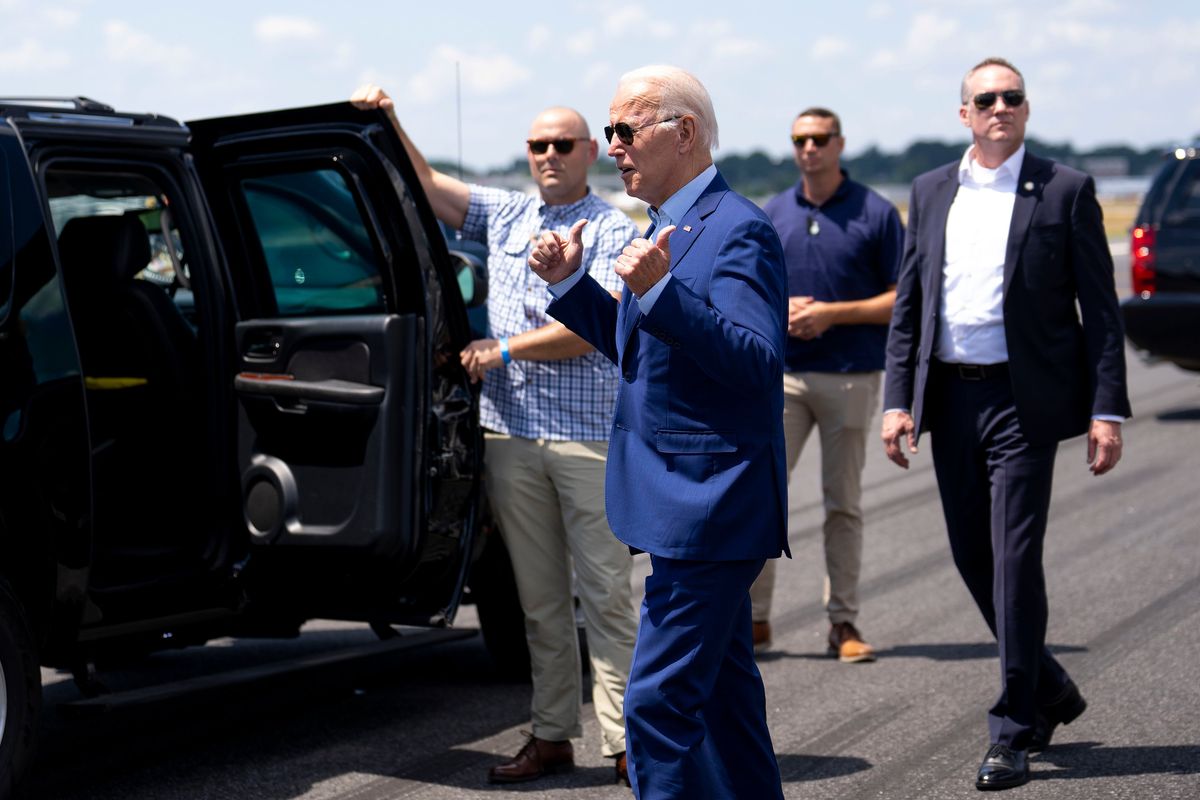 President Joe Biden arrives at T.F. Green International Airport, in Warwick, R.I. on Wednesday, July 20, 2022. (Doug Mills/The New York Times)  (DOUG MILLS)
