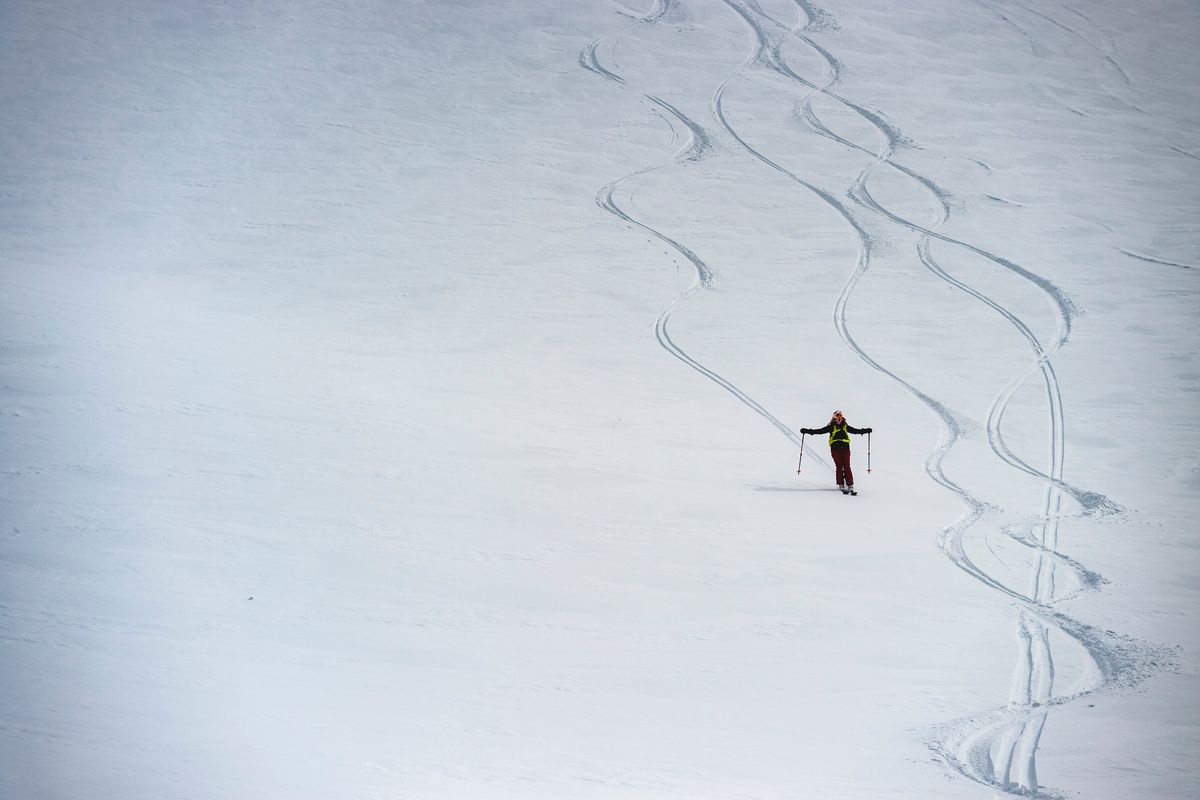 Madison Rose Ostergren skis in the backcountry near the Kees and Claire Hut outside of Whistler, British Columbia.  (Re Wikstrom Photography)