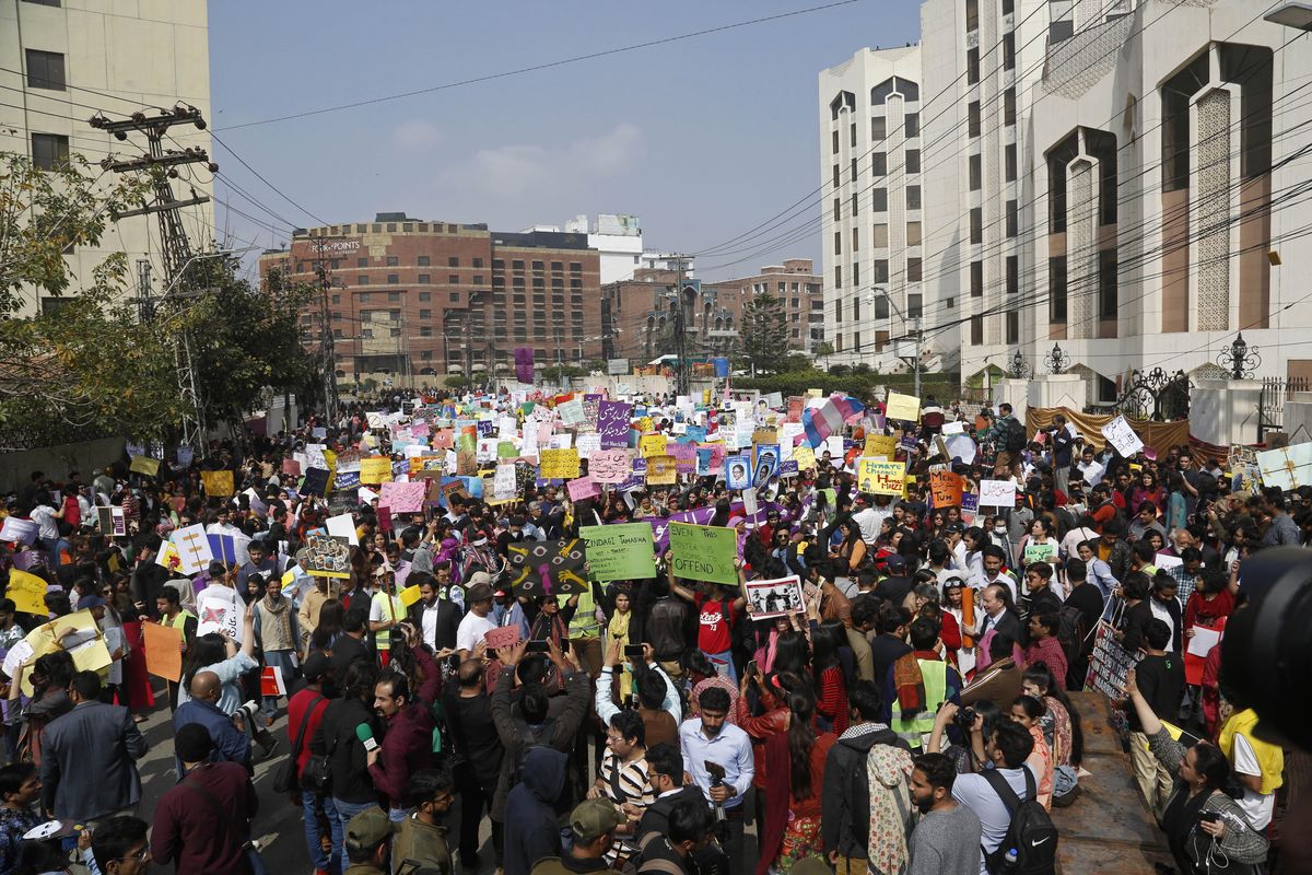 Pakistani activists take part in an International Women’s Day rally in Lahore, Pakistan, on Sunday, March 8, 2020.  Officially recognized by the United Nations in 1977, it is celebrated around the world on March 8. (K.M. Chaudary / Associated Press)