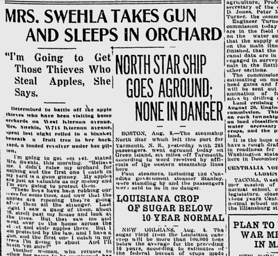 A woman identified only as “Mrs. Swehla” slept outside in her North Side apple orchard, with a blanket, a pillow and a loaded revolver, the Spokane Daily Chronicle reported. She vowed that the boys who had been raiding her apples were going to get a bad surprise. (Spokane Daily Chronicle archives)