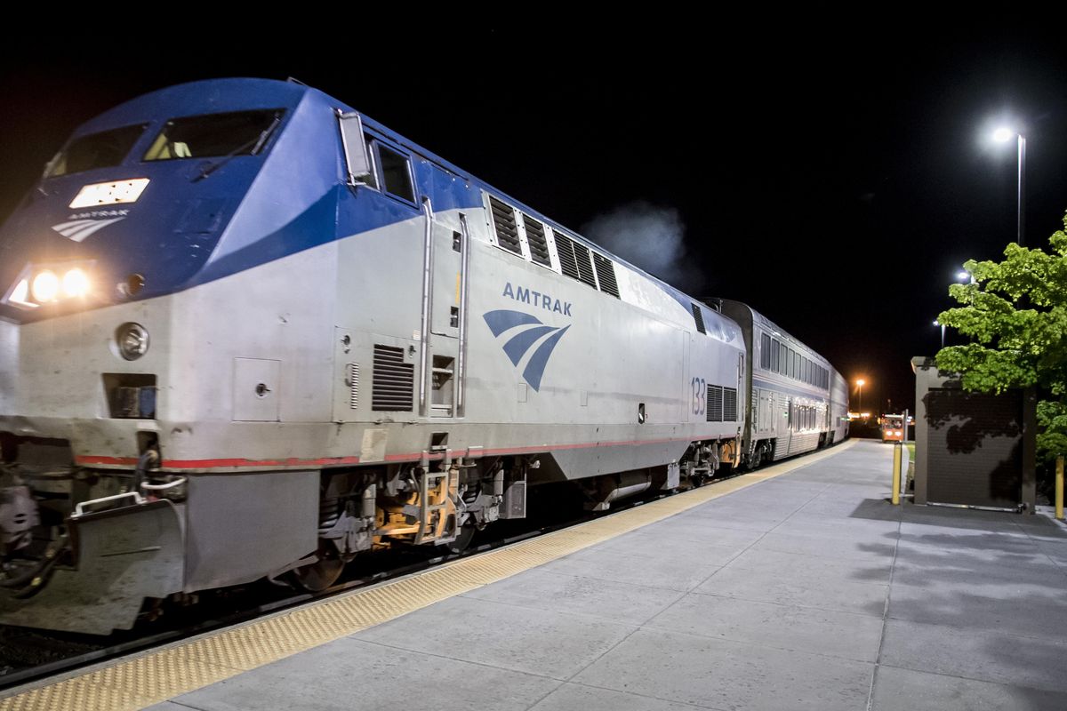 Coming from Portland, Amtrak’s Empire Builder arrives at the Pasco Intermodal Train Station, Thurs., April 27, 2017. The Empire Builder is among 15 long-distance train routes threatened by $2.4 billion in cuts to transportation infrastructure under the Trump administration’s latest budget proposals. (Colin Mulvany / The Spokesman-Review)