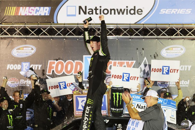 Kyle Busch, driver of the #54 Monster Energy Toyota, celebrtates in Victory Lane after winning the NASCAR Nationwide Series Food City 250 at Bristol Motor Speedway on August 23, 2013 in Bristol, Tennessee. (Photo by John Harrelson/NASCAR via Getty Images) (John Harrelson / Nascar)