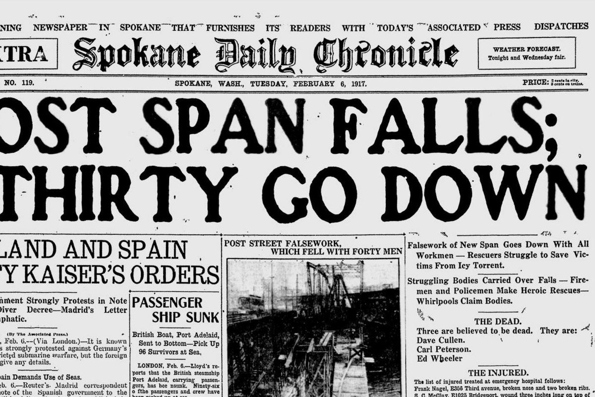 Tragedy struck at the Post Street bridge construction project when the “falsework” – temporary framework – collapsed sending up to 30 workers into the icy torrent, the Spokane Daily Chronicle reported on Feb. 6, 1917. (Spokesman-Review archives)