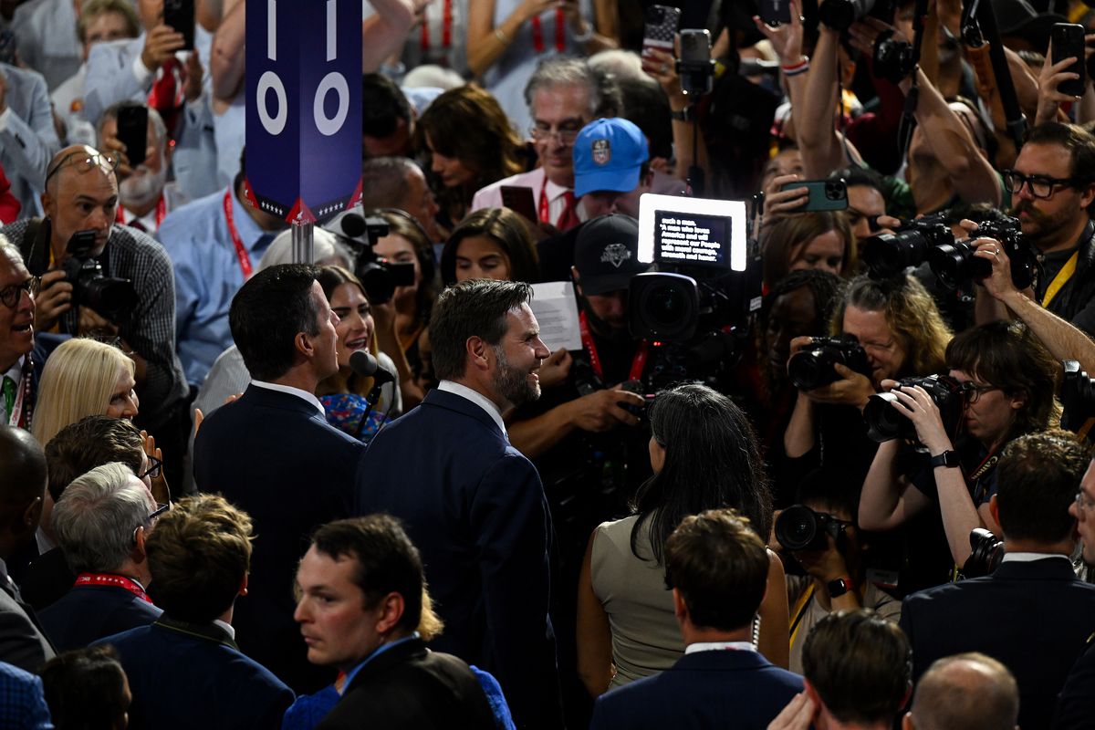 Sen. J.D. Vance greets delegates as he accepts the nomination for vice president during the Republican National Convention on Monday in Milwaukee. MUST CREDIT: Joshua Lott/The Washington Post  (Joshua Lott/The Washington Post)