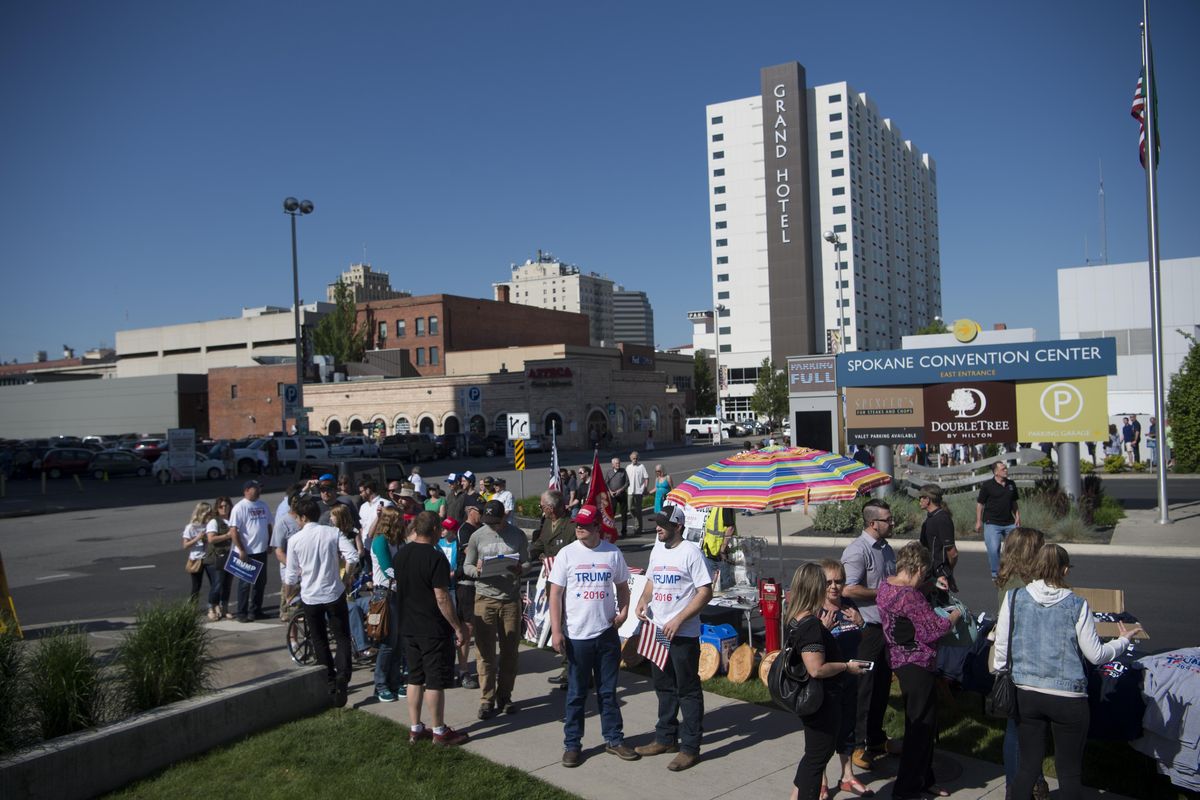 Supporters wait in line for a Donald Trump rally on Saturday, May 7, 2016, at the Spokane Convention Center. (Tyler Tjomsland / The Spokesman-Review)