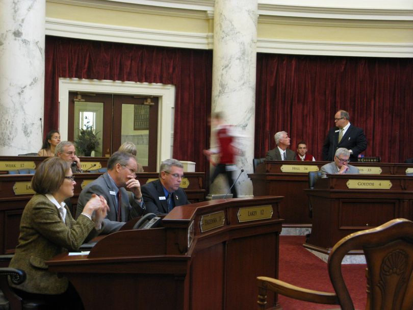 The Idaho Senate meets in its chambers on Friday; at left is acting Sen. Cathyanne Nonini, who is filling in for her husband, Sen. Bob Nonini, R-Coeur d'Alene. (Betsy Russell)