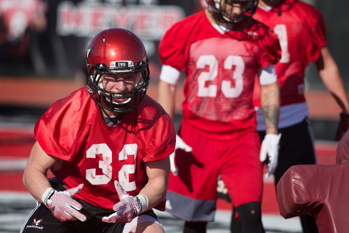EWU defensive back Zach Bruce comes off the tackling sled during the first day of spring practice, March 31, 2016, at Roos Field in Cheney. (Spokesman-Review Photo Archives)