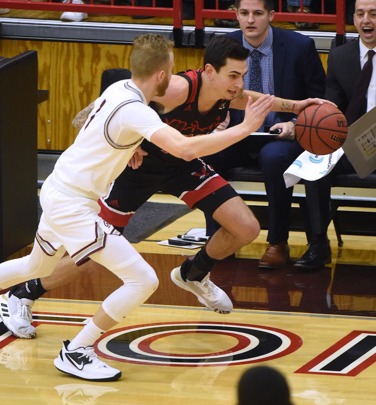 Eastern Washington guard Jacob Davison (10) dribbles the ball downcourt as Montana guard Timmy Falls (1) gives chase during the first half of a college basketball game, Thurs., Jan. 9, 2020, on Reese Court in Cheney, Wash. (Colin Mulvany / The Spokesman-Review)