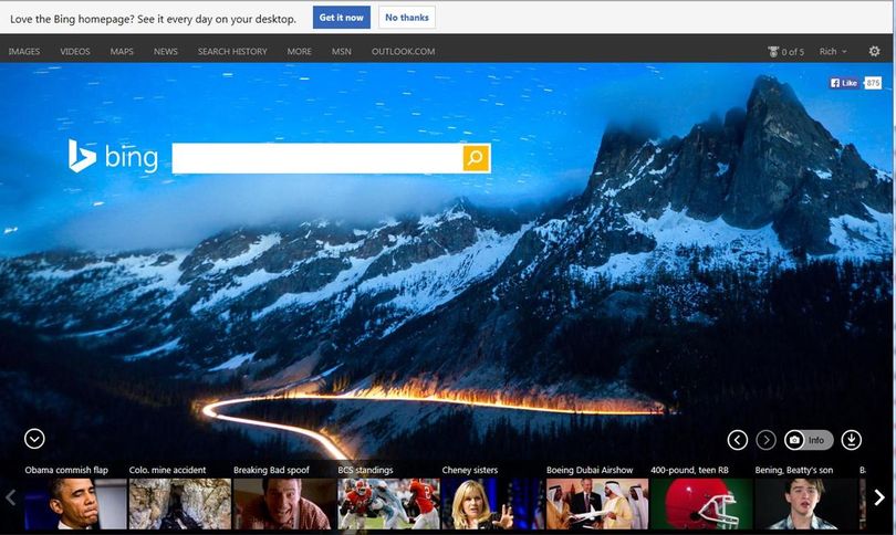 Bing homepage features North Cascades Highway.