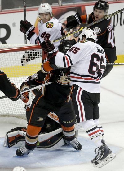 Andrew Shaw’s head-butt goal in second overtime was disallowed. (Associated Press)