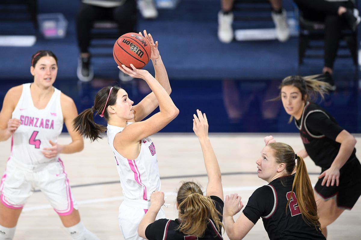 Gonzaga Bulldogs forward Jenn Wirth (3) shoots against the Santa Clara Broncos during the first half of a college basketball game on Saturday, February 13, 2021, at McCarthey Athletic Center in Spokane, Wash.  (Tyler Tjomsland/THE SPOKESMAN-RE)