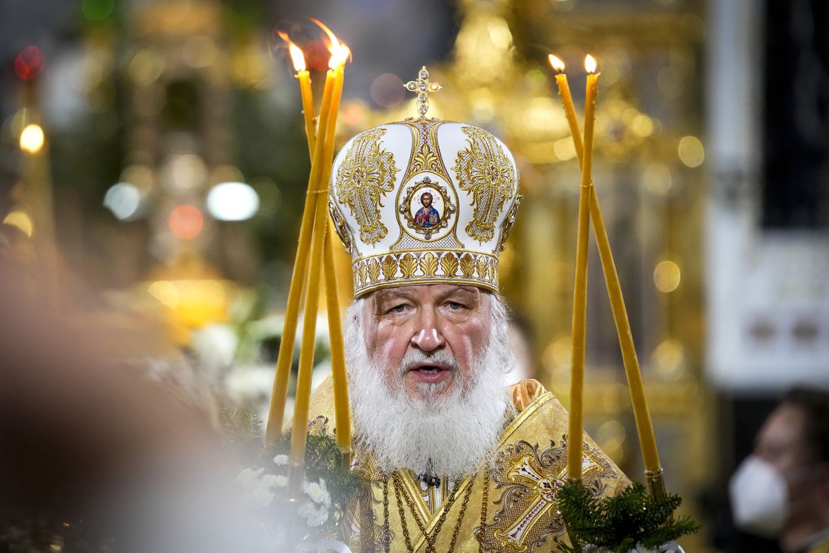 Russian Orthodox Patriarch Kirill delivers the Christmas Mass in the Christ the Saviour Cathedral in Moscow, Russia, Thursday, Jan. 6, 2022. Parishioners wearing face masks to protect against coronavirus, observed social distancing guidelines as they attended the the Mass. Orthodox Christians celebrate Christmas on Jan. 7, in accordance with the Julian calendar.  (Alexander Zemlianichenko)