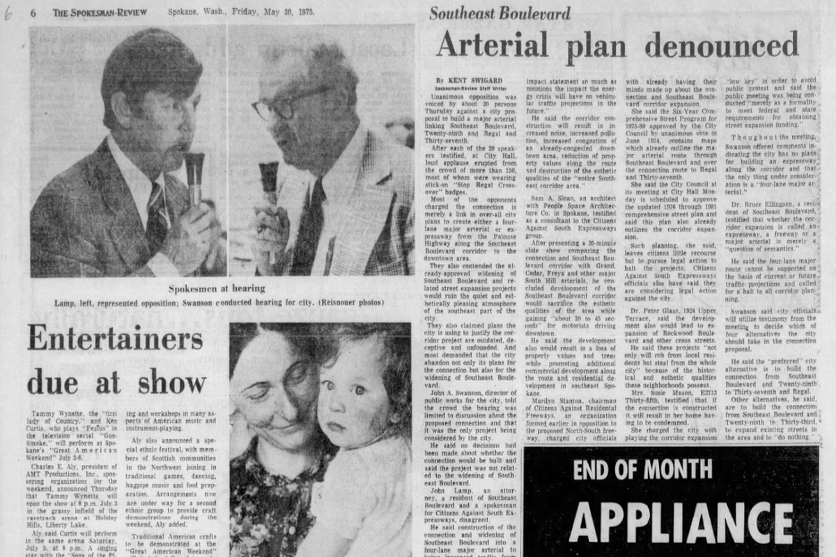 “Unanimous opposition” was the unequivocal response to a city proposal to “build a major arterial” linking Southeast Boulevard, 29th Avenue, Regal Street, and 37th Avenue, The Spokesman-Review reported on May 30, 1975.  (Spokesman-Review archives)