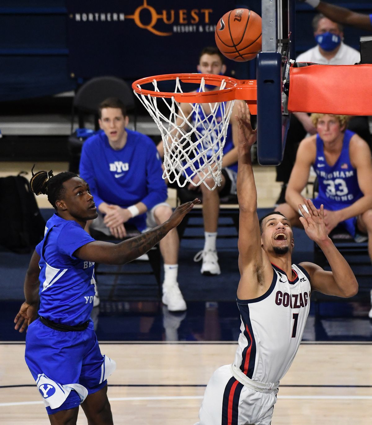 Gonzaga guard Jalen Suggs (1) heads to the basket for a layup during the first half of an NCAA college basketball game, Thurs., Jan. 7, 2021, in the McCarthey Athletic Center.  (Colin Mulvany/THE SPOKESMAN-REVIEW)