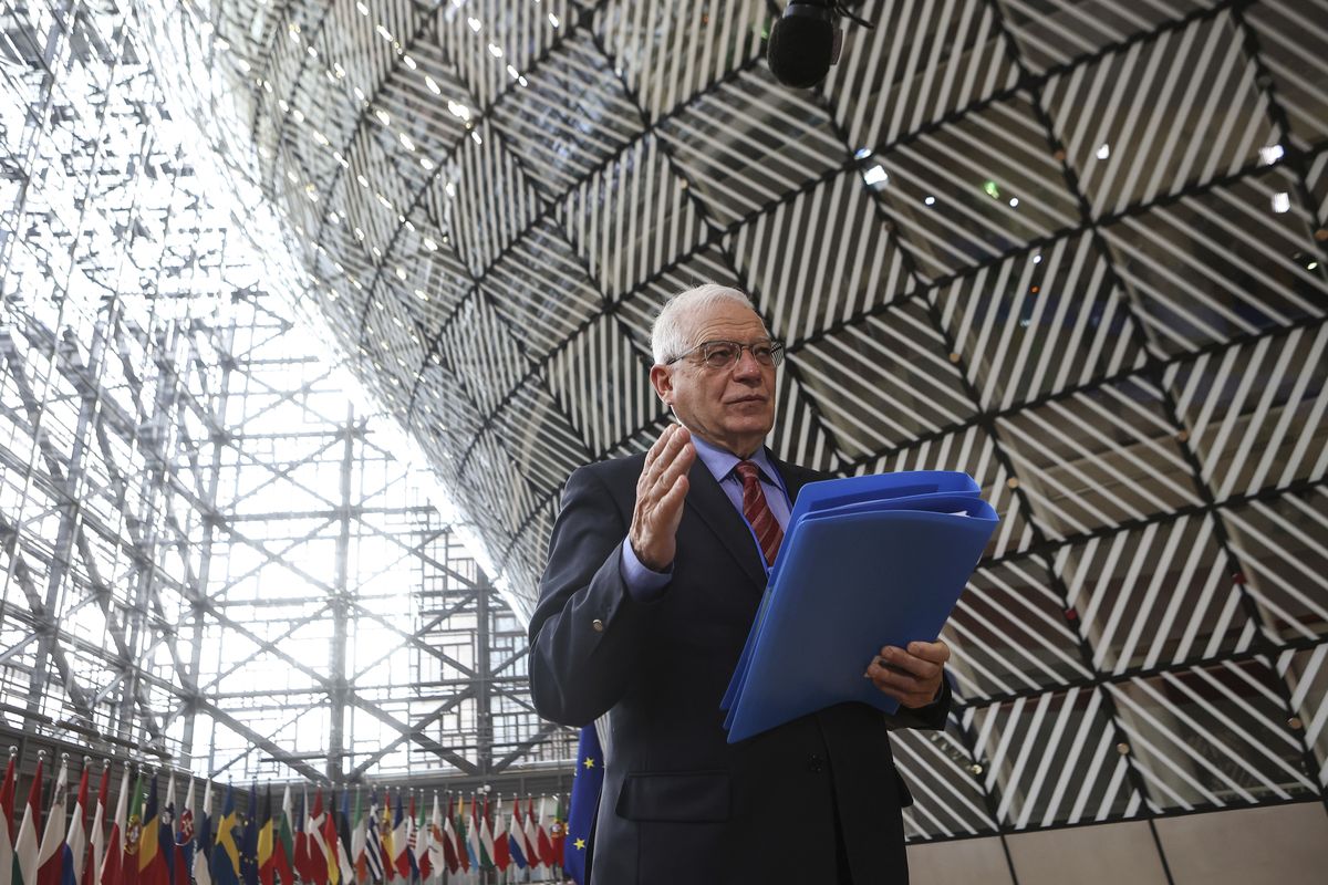 European Union foreign policy chief Josep Borrell speaks to the media prior to a meeting of the European Foreign Affairs Ministers, at the European Council headquarters in Brussels, Monday, March 22, 2021. (Aris Oikonomou)