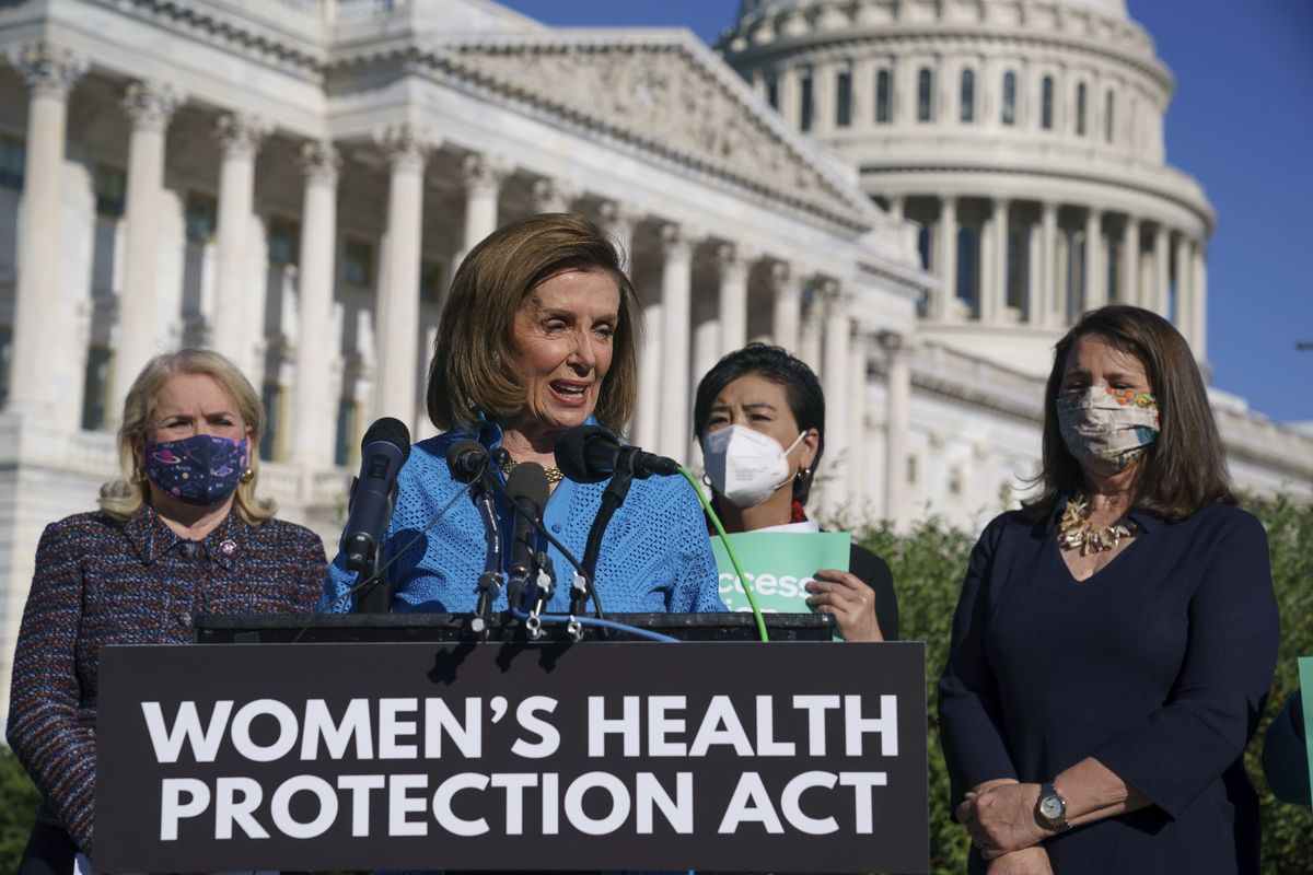House Speaker Nancy Pelosi, D-Calif., joined from left by Rep. Sylvia Garcia, D-Texas, Rep. Judy Chu, D-Calif., and Rep. Diana DeGette, D-Colo., holds a news conference just before a House vote on legislation aimed at guaranteeing a woman’s right to an abortion, an effort by House Democrats to circumvent a new Texas law that has placed that access under threat, at the Capitol in Washington, Friday, Sept. 24, 2021. (J. Scott Applewhite)