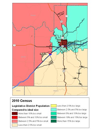 Revised version of 2010  Spokane County legislative districts with population figures from Census showing how much they'll have to change for 2012 (Jim Camden/The Spokesman-Review)