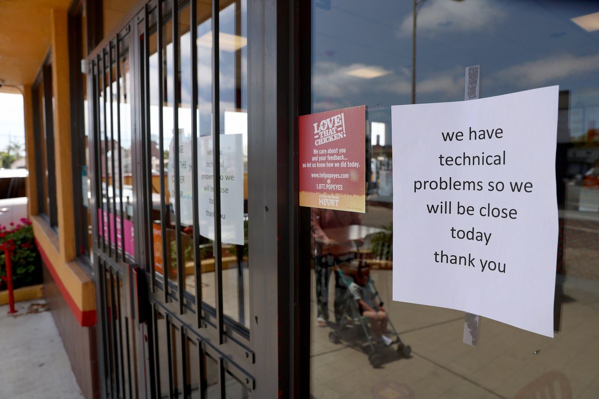 Popeyes Louisiana Chicken is closed on International Boulevard in Oakland, Calif., on Thursday, May 18, 2023. Popeyes said that it had immediately shut down the restaurant in response to worker complaints of child labor and other issues at the restaurant. (Jane Tyska/Bay Area News Group/TNS)  (Jane Tyska)