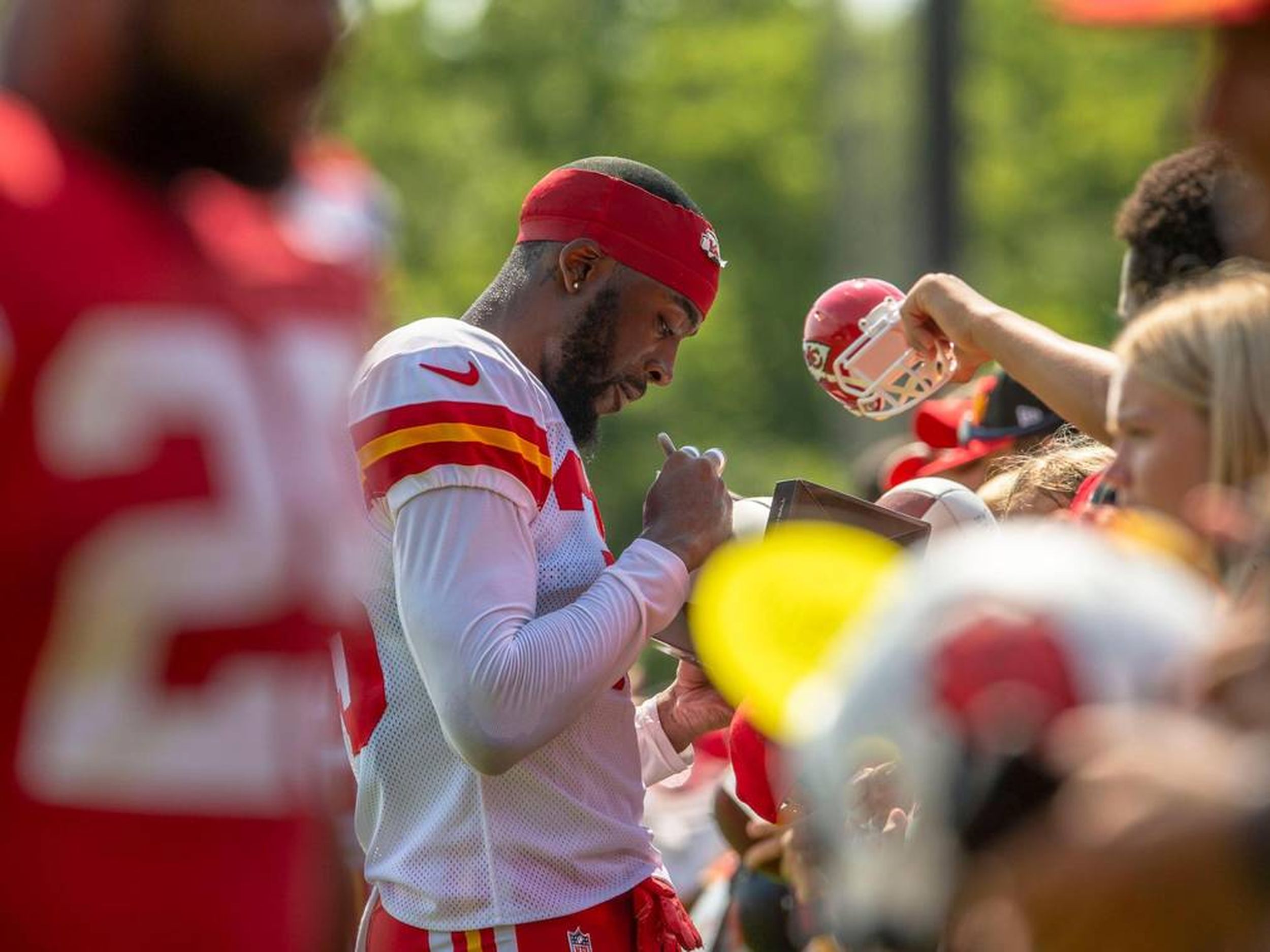 Kansas City Chiefs cornerback Jaylen Watson (35) celebrates an interception  against the Jacksonville Jaguars during an NFL Divisional Playoff football  game Saturday, Jan. 21, 2023, in Kansas City, Mo. (AP Photo/Ed Zurga