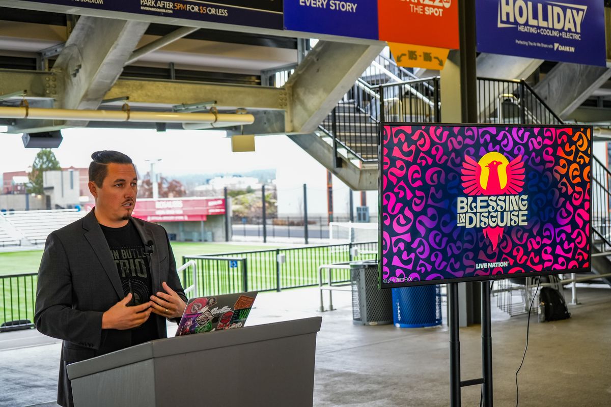 Spokane Public Facilities District Director of Entertainment Matt Meyer announces the Blessing in Disguise Music Festival at ONE Spokane Stadium on Tuesday. (Jordan Tolley-Turner/The Spokesman-Review)