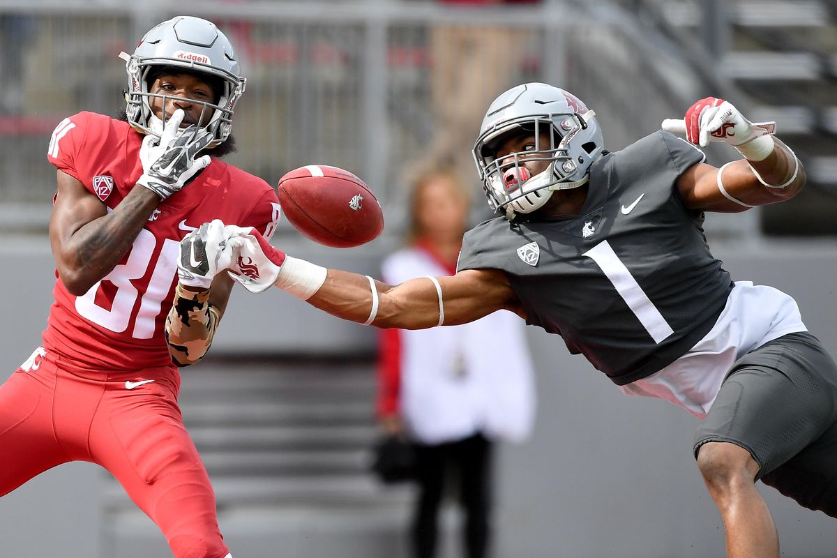 Washington State Cougars safety Tyrese Ross (1) intercepts a pass intended for wide receiver Renard Bell (81) during WSU