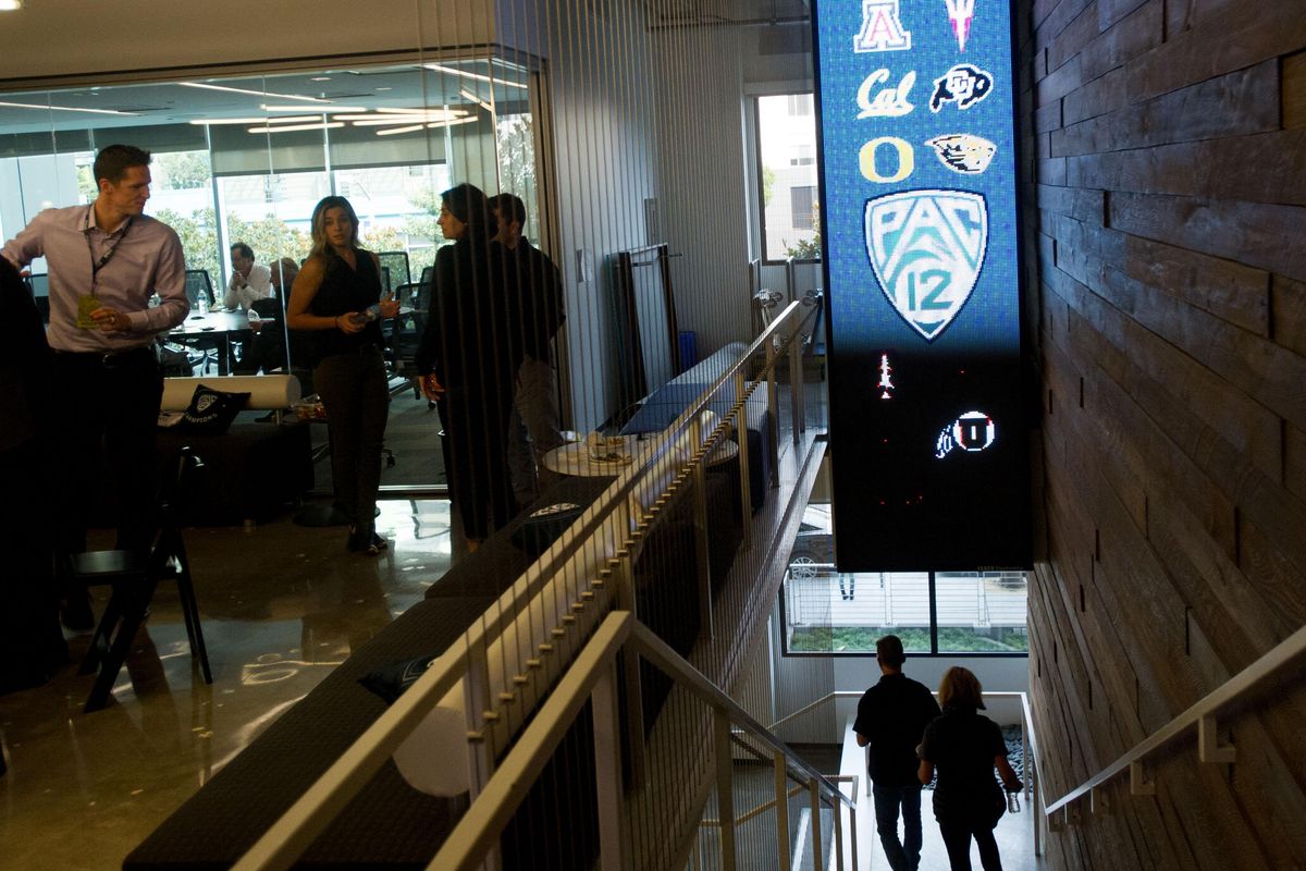 Media members, coaches, players and Pac-12 officials gather for Pac-12 Men's Basketball Media Day on Thursday, October 12, 2017, at the Pac-12's headquarters in San Francisco, Calif. (Tyler Tjomsland / The Spokesman-Review)