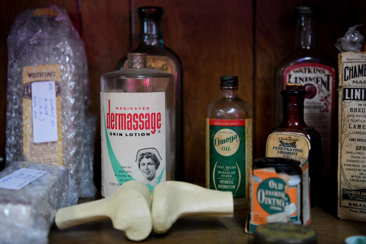 A small section of Judi Calvert’s massage memorabilia collection is seen on Oct. 2 in Spokane. (Tyler Tjomsland / The Spokesman-Review)