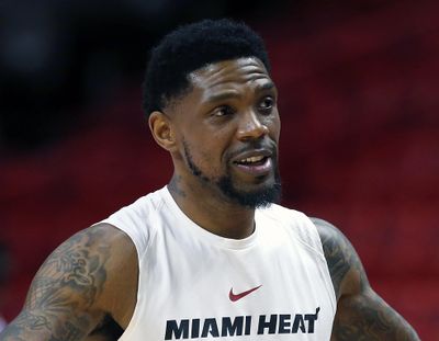In this March 1, 2018 photo, Miami Heat forward Udonis Haslem chats before the start of an NBA basketball game against the Los Angeles Lakers, in Miami. (Wilfredo Lee / Associated Press)