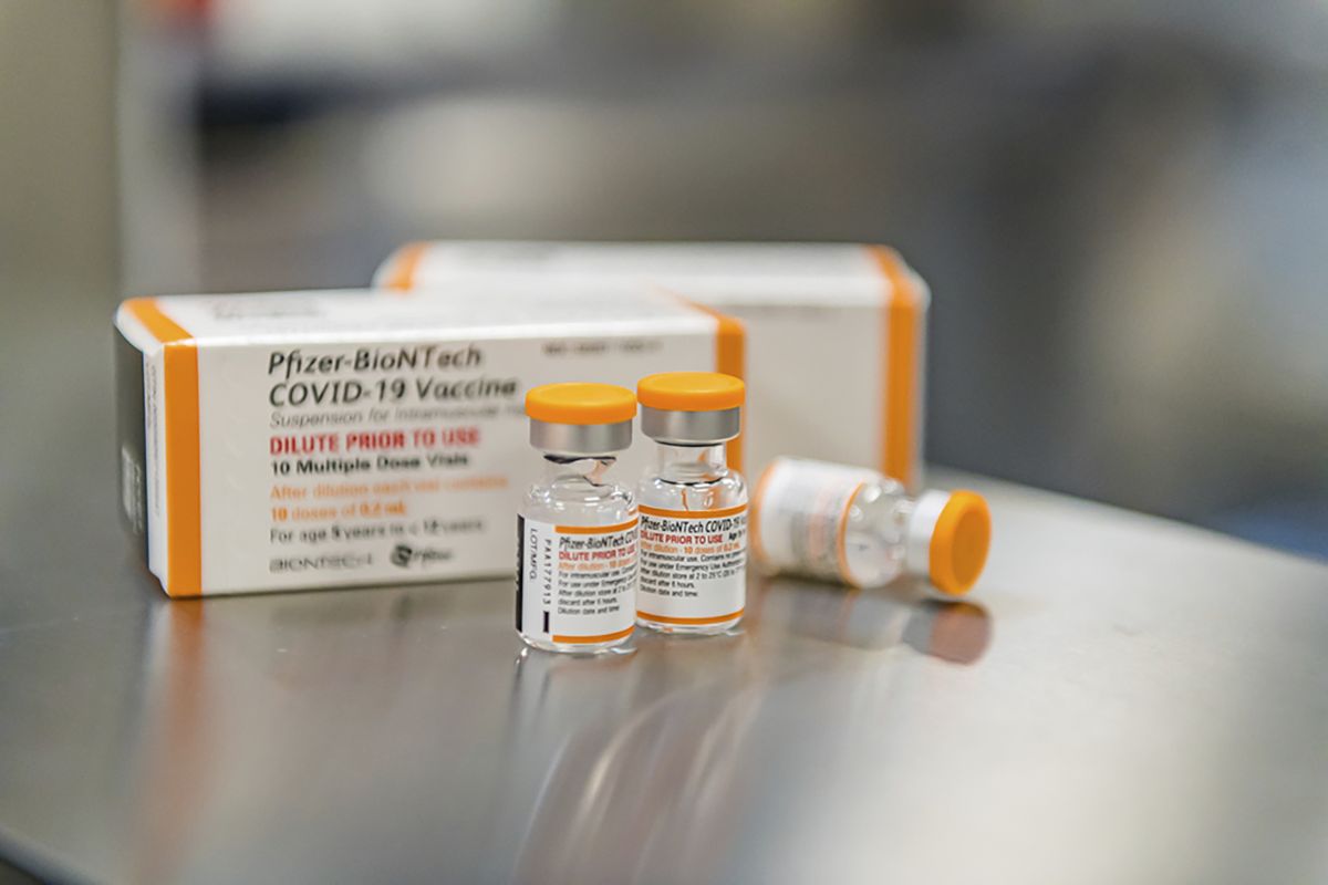 This October 2021 photo provided by Pfizer shows kid-size doses of its COVID-19 vaccine in Puurs, Belgium. The vaccine appear safe and nearly 91% effective at preventing symptomatic infections in 5- to 11-year-olds, according to study details released Friday, Oct. 22, as the U.S. considers opening vaccinations to that age group.  (HONS)