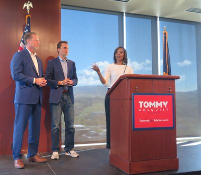 Conservative commentator Candace Owens, right, speaks at a press conference in Boise endorsing Tommy Ahlquist for governor of Idaho on Monday, April 30, 2018, along with Charlie Kirk, center, and Ahlquist, left. (The Spokesman-Review / Betsy Z. Russell)