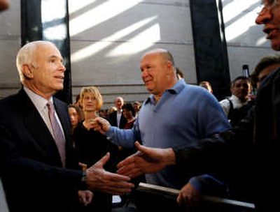 
GOP presidential candidate Sen. John McCain greets employees at Savvis Inc. during a campaign stop Tuesday in St. Louis.Associated Press
 (Associated Press / The Spokesman-Review)