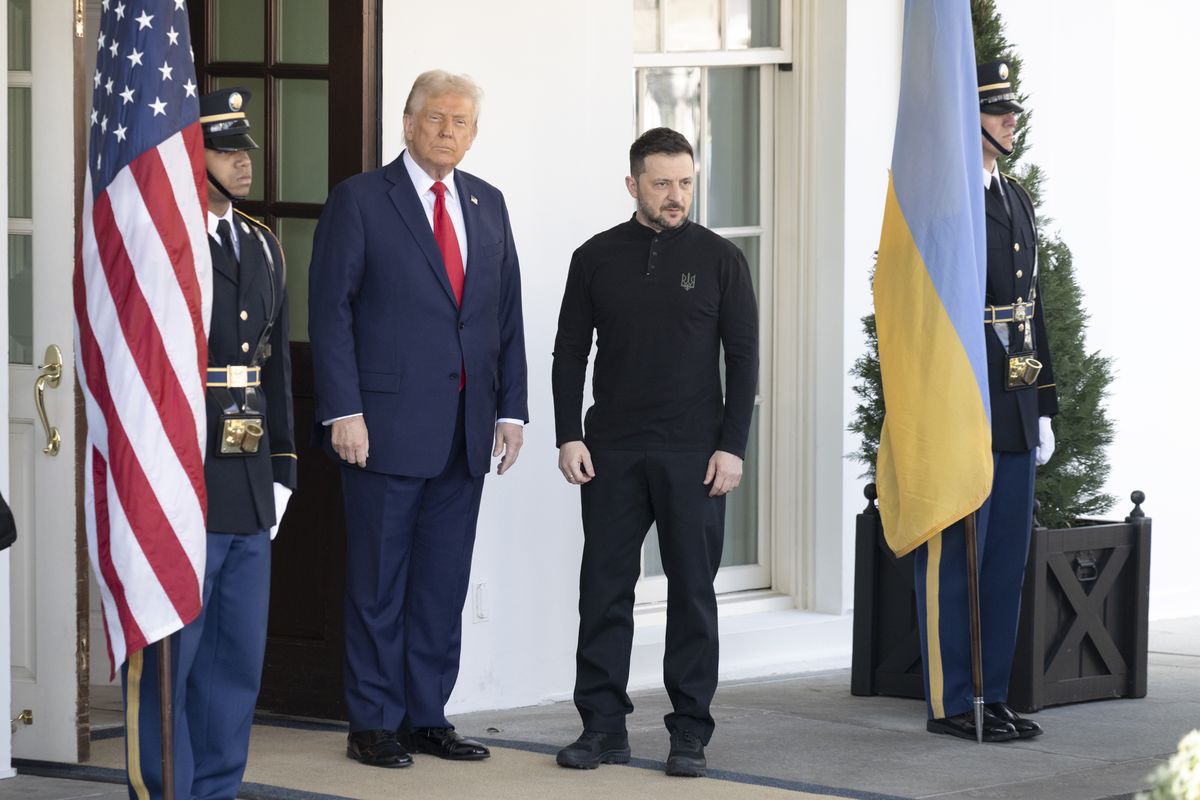 President Donald Trump meets with Ukrainian President Volodymyr Zelensky at the White House in February. (Marvin Joseph/The Washington Post)