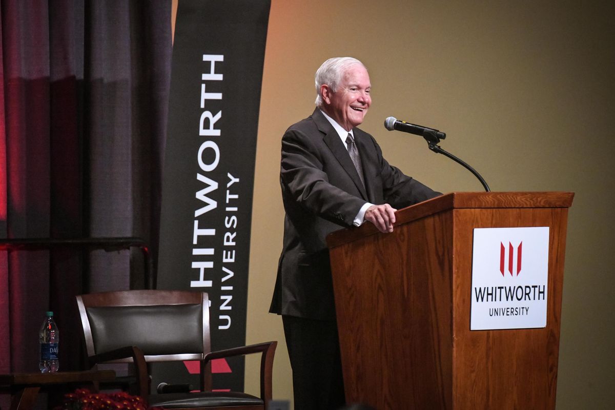 Former Secretary of Defense Robert M. Gates delights the crowd at Wednesday’s Whitworth University President’s Leadership Forum at the Spokane Convention Center.  (DAN PELLE/THE SPOKESMAN-REVIEW)