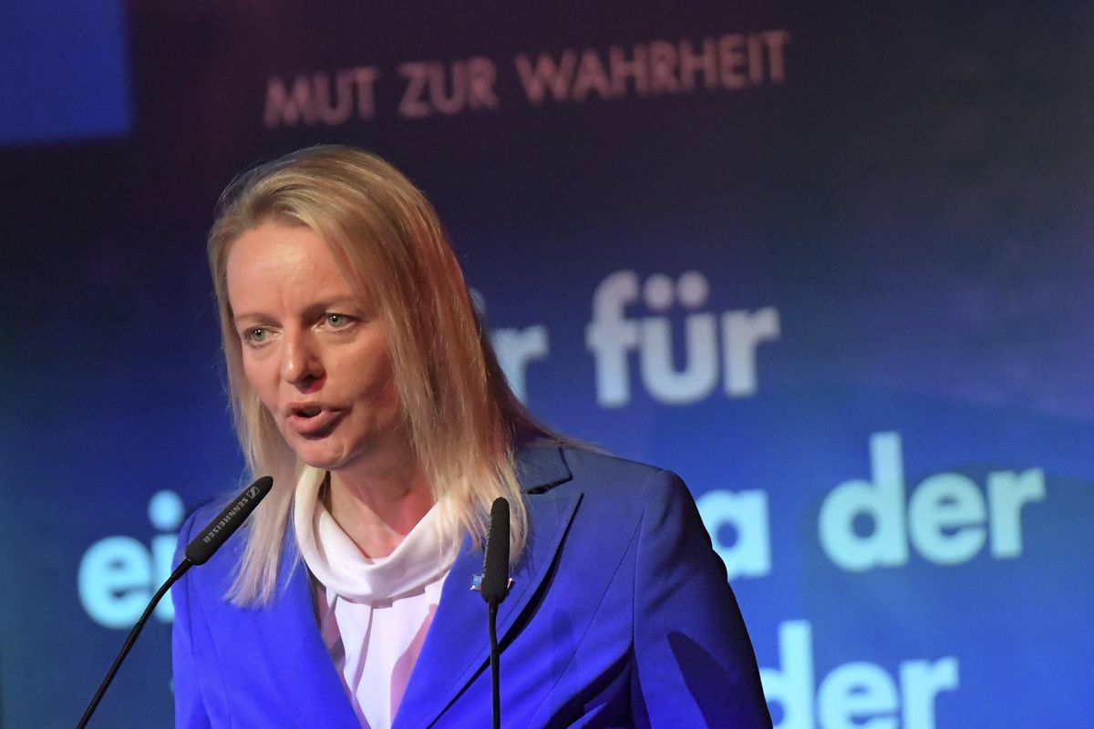 In this Oct. 7, 2017  photo, Lower Saxony top candidate of the nationalist Alternative for Germany party, AfD, Dana Guth, speaks during an election campaign event in Braunschweig, Germany. (Peter Steffen / Associated Press)