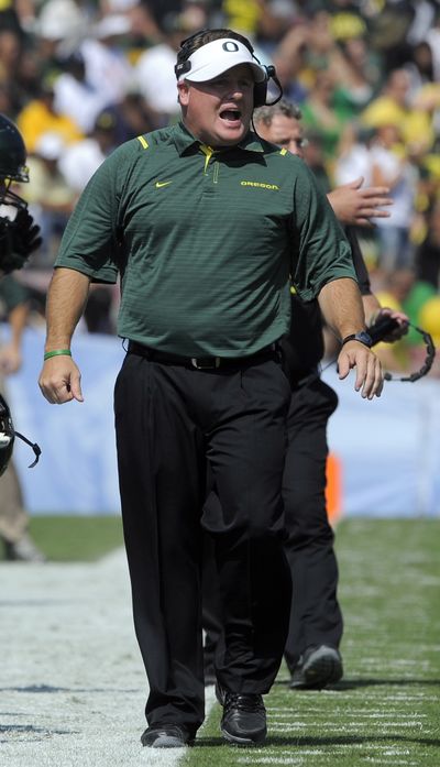 Chip Kelly has Oregon walking tall since its loss to Boise State.  (Associated Press / The Spokesman-Review)