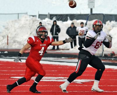 EWU’s J.C. Sherritt, left, closed in on the ball and Southeast Missouri's Bradley Brown last Saturday. (Dan Pelle)