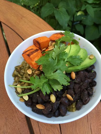 Delicious. Colorful. Satisfying. What’s not to love about Spicy Sweet Potato and Green Rice Bowls? (Lorie Hutson)